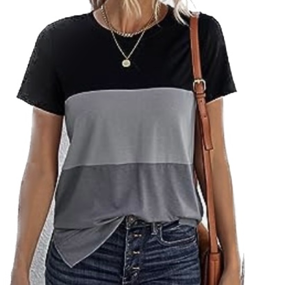 EVALESS Striped Color Block Short Sleeve Top - Picture 1 of 4